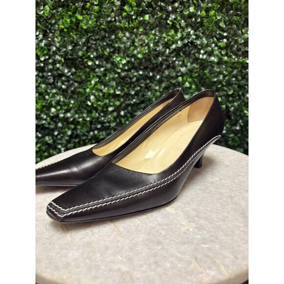 Tods Square Toe Kitten Heel Pumps black white stitch size 6.5 - Picture 2 of 13